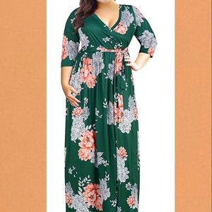 Green Floral Maxi Dress 3/4 Sleeves and Pockets